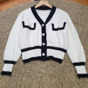 White Navy Trim Pearl Button Textured Knit Cardigan Pocket Detail Sweater